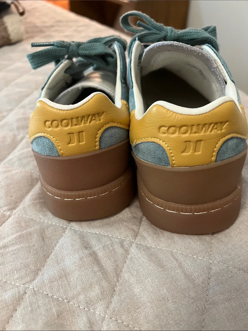 Coolway Teal Green Suede Sneakers with Yellow Heel Accent